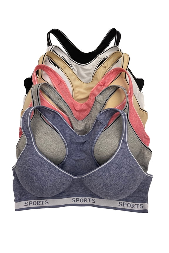 6 pcs Wire Free Gym Light Padded Raceback Cotton Sports Bra B C D Cup 38B (6881-56LE3-55RE1)