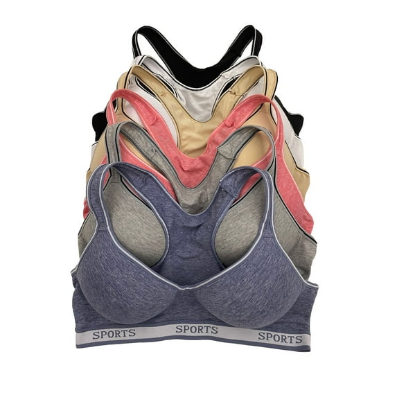 6 pcs Wire Free Gym Light Padded Raceback Cotton Sports Bra B C D Cup 38C (6881-56LE3-55RE1)