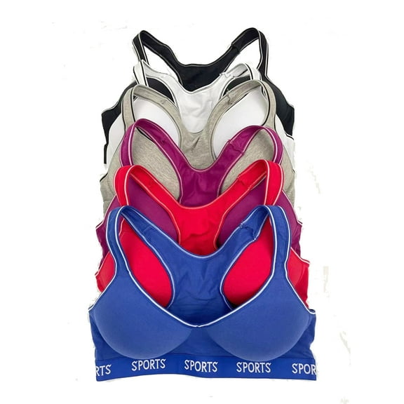 6 pcs Wire Free Gym Light Padded Raceback Cotton Sports Bra B C D Cup 40C (6682-62R6-64R6)