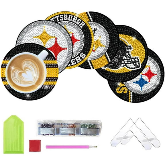 6-pcs football diamond painting coaster kit with holder, DIY diamond art coaster, suitable for adults beginners Birthday Halloween gift