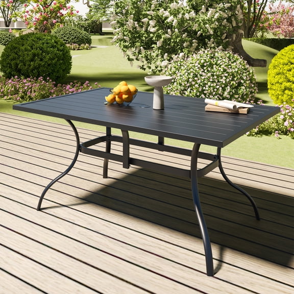 6-person 60" Long Rectangular Steel Outdoor Dining Table with Umbrella Hole
