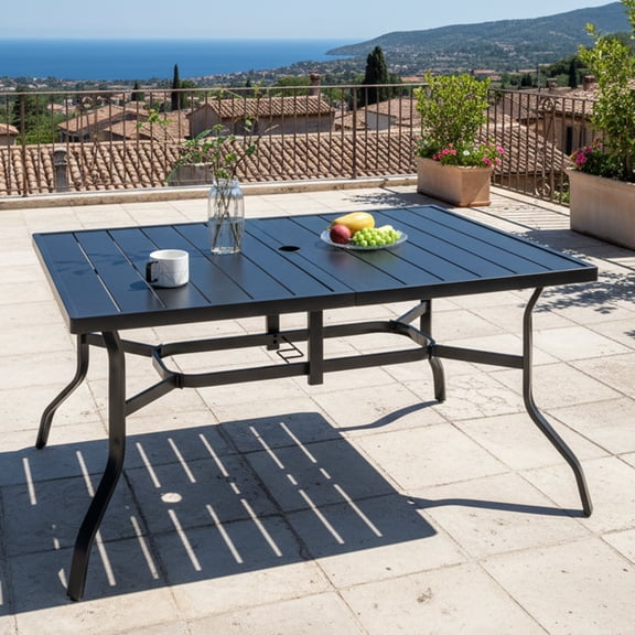 6-person Outdoor Dining Table for 6, Powder-Coated Steel Slat Top with 2.16" Umbrella Hole, Anti-Slip Pads, E-Coating Frame, All-Weather Black Patio Table for Garden, Poolside, Backyard