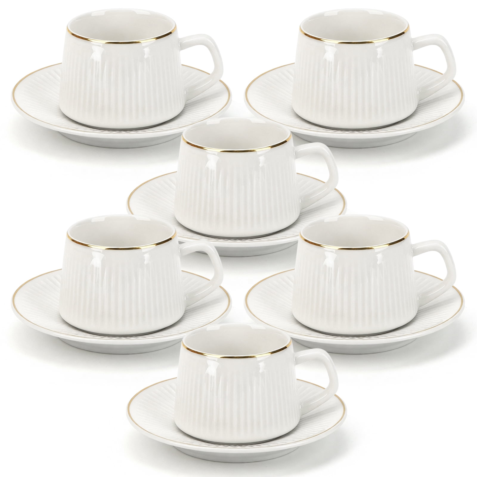 6-piece 3.4 oz (100 ml) Coffee Cups and Saucers Set – White Porcelain ...