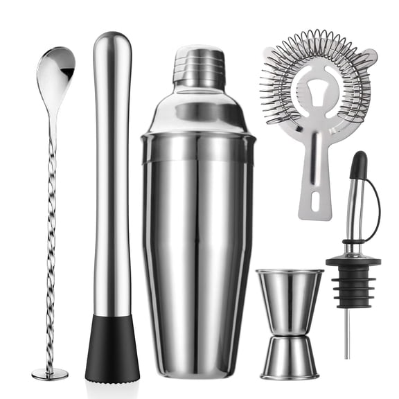 6-piece Cocktail Shaker Set 24oz Strainer Muddler Jigger Mixing Spoon Pour Spout Bartender Kit Stainless Steel Bar Housewarming Gift