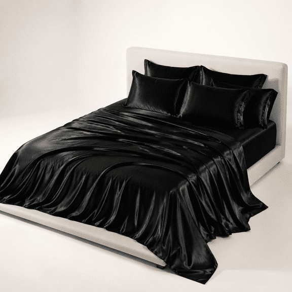 6-piece Full Satin Sheet Set Black Silky Sheets