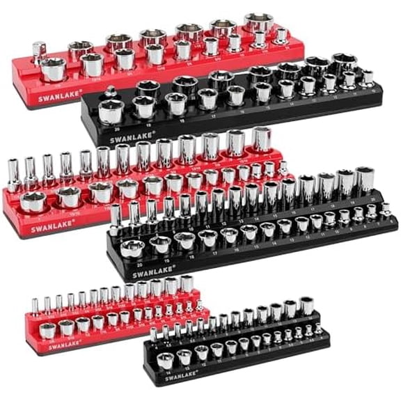 6-piece Magnetic Socket Organizer Set, Metric & SAE Drive Socket Holder, Includes 1/4", 3/8", 1/2", Holds 143 Pieces Magnetic Trays Red Black