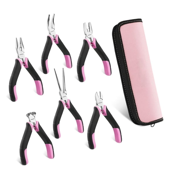 6-piece Mini Pliers Set Nose Long Bent Diagonal End And Linesman For Crafts Work Electronic Repair With Pouch - Pink Ribbon