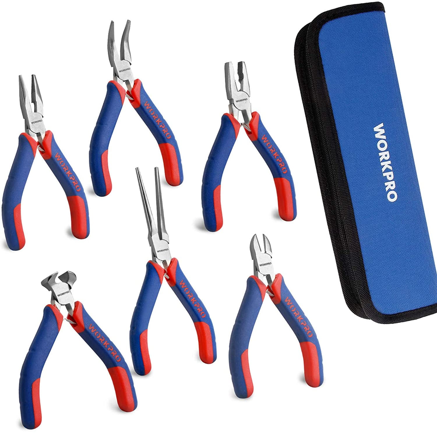 6-piece Mini Set - Needle Nose, Diagonal, Long Nose, Bent Nose, End Cutting and Linesman, for Making Crafts, Repairing Electronic Devices, with Pouch