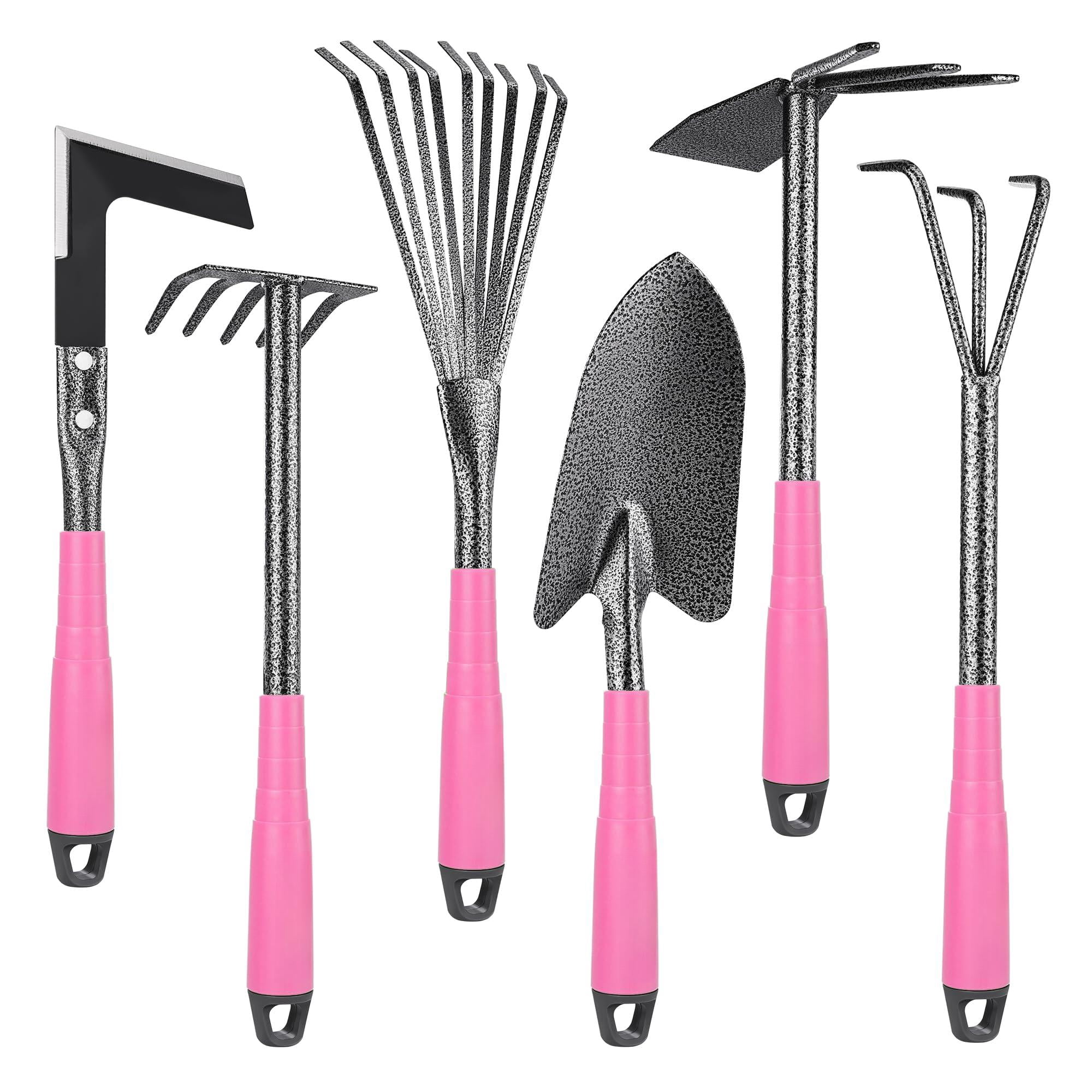 6-piece Pink Garden Tool Set  Heavy Duty Gardening Hand Tools With Soft Rubber Handle Including Trowel Rakes 2-in-1 Hoe And Crack Weeder Ideal Gifts For Men Women