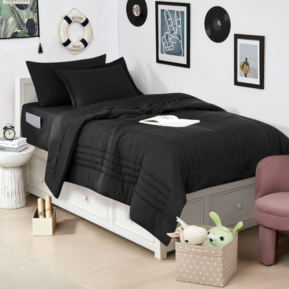6 piece Quilted Solid Stripe Comforter, Sheet Set and Mattress Protector Bedding Bundle- Black