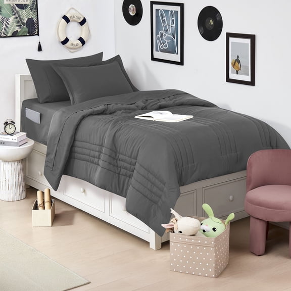 6 piece Quilted Solid Stripe Comforter, Sheet Set and Mattress Protector Bedding Bundle- Charcoal