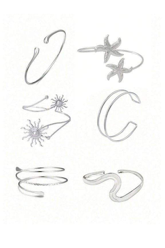 6 piece Silver Set 6-Piece Silver Tone Adjustable Cuff Arm Band Set