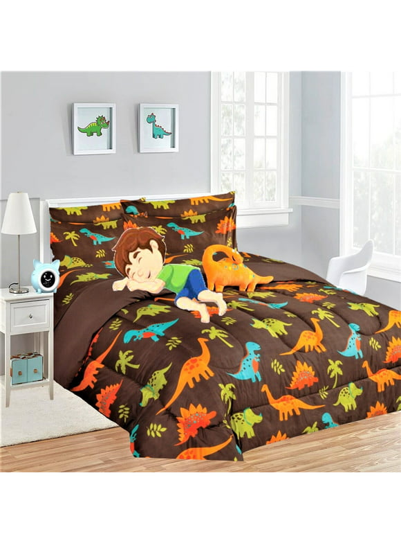6 piece Twin dinosaur brown bed in bag comforter and sheet set for Kids and Teens