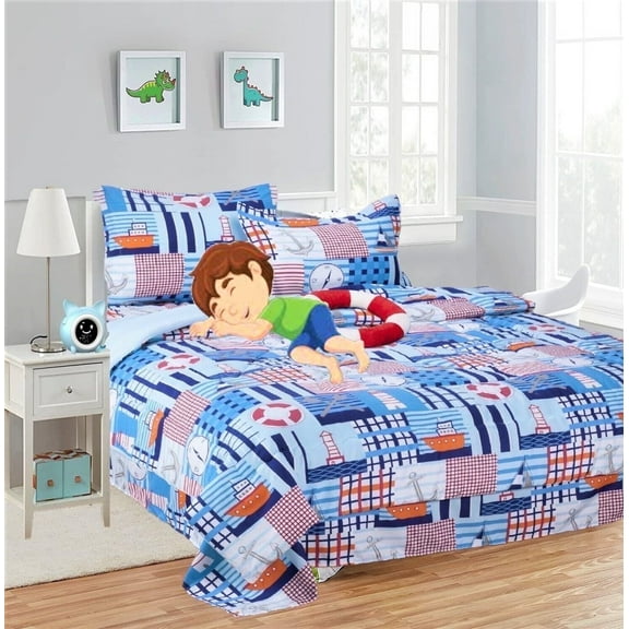 6 piece Twin sailor boat bed in bag comforter and sheet set for Kids and Teens