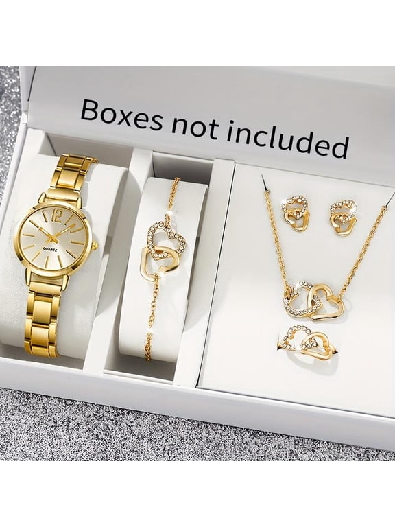 6-piece Vintage-inspired Womens Quartz Watch & Heart Jewelry Set