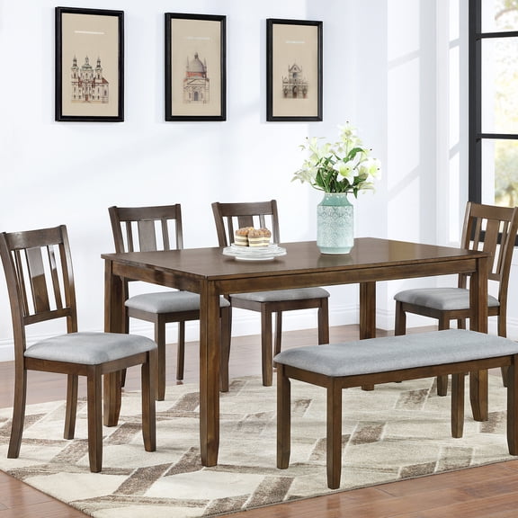 6-piece, Walnut Color, Solid Wood Construction - Easy to Clean, Space-saving Design - Dining Room and Kitchen - Elegant Dining Solution