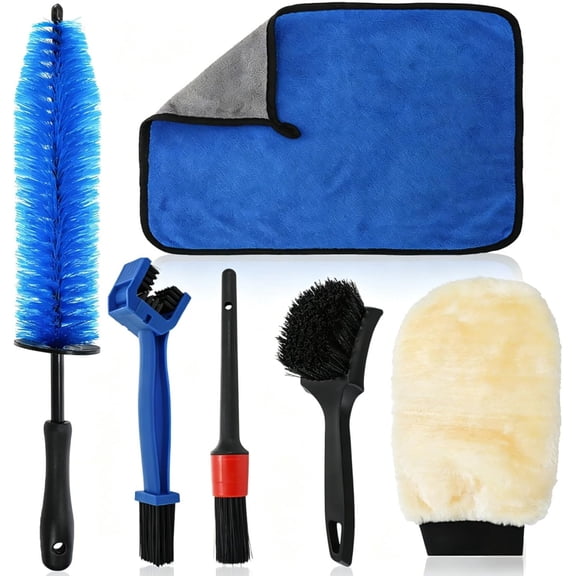 6-piece set motorcycle cleaning brush set, motorcycle detail cleaning set, including easy-to-reach brush, chain brush, hard tire brush, detail brush, wool car washing gloves, microfiber towel, suitab