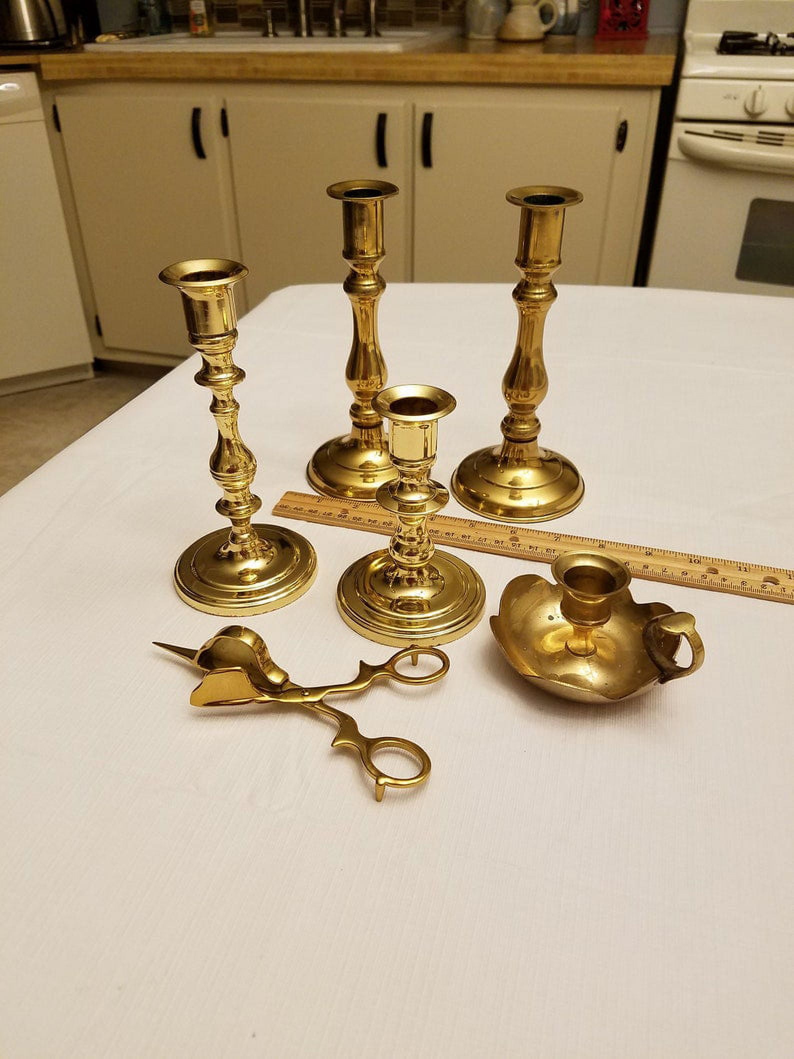 6 piece vintage brass candlesticks candle holders & snuffer collection