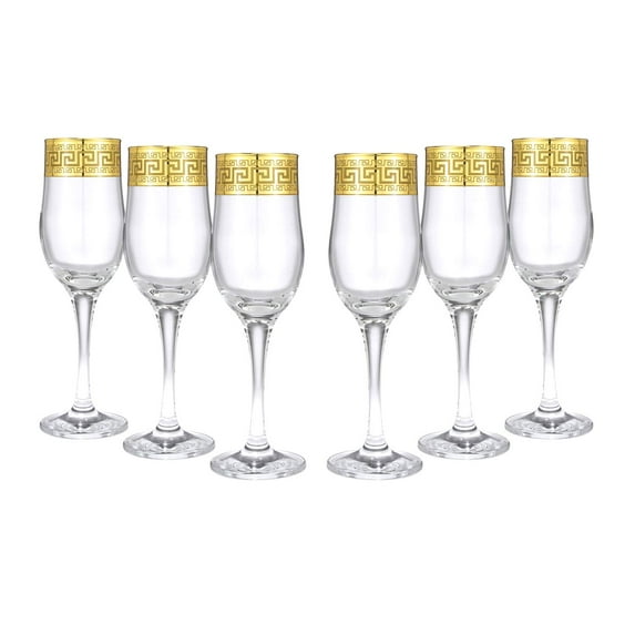 World Gifts Gold Rimmed Champagne Flutes 6-pieces Glass Set Greek Key Pattern Contemporary Drinkware