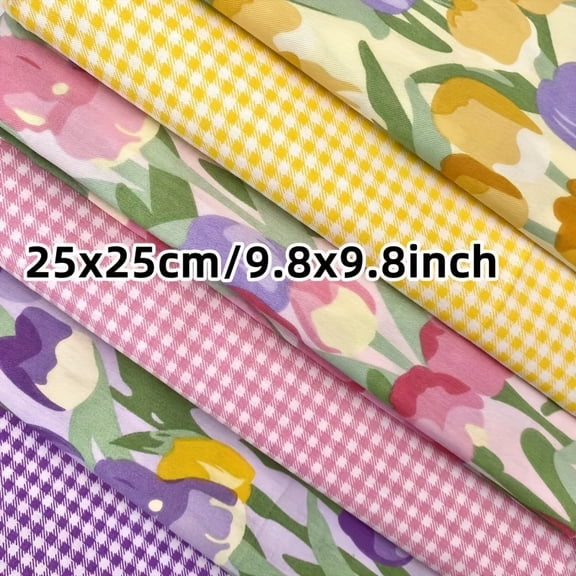 6 pieces of solid color, cute and colorful cotton fabric with tulip pattern, pre-cut for DIY sewing, cutting, quilting, pillowcase crafting, and pre-cut fabric for wallet accessories