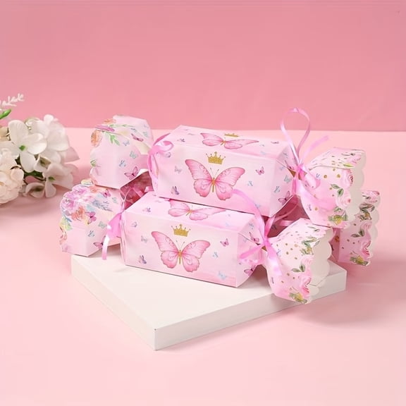 6 pink butterfly paper candy boxes, gift boxes with butterfly design, butterfly theme party supplies, event packaging boxes, birthday and wedding essentials