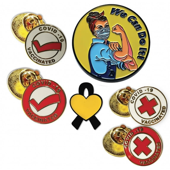 6 pins - Vaccinated COVID-19 Coronavirus enamel Lapel Pin - Covid19 Bage gold plated pin - Brooch Vaccinated memorial for bag shirt - medical alert symbol USA CDC