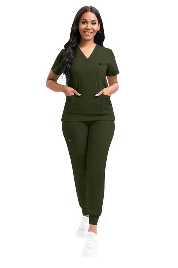 6 pockets Unisex Green scrub set.