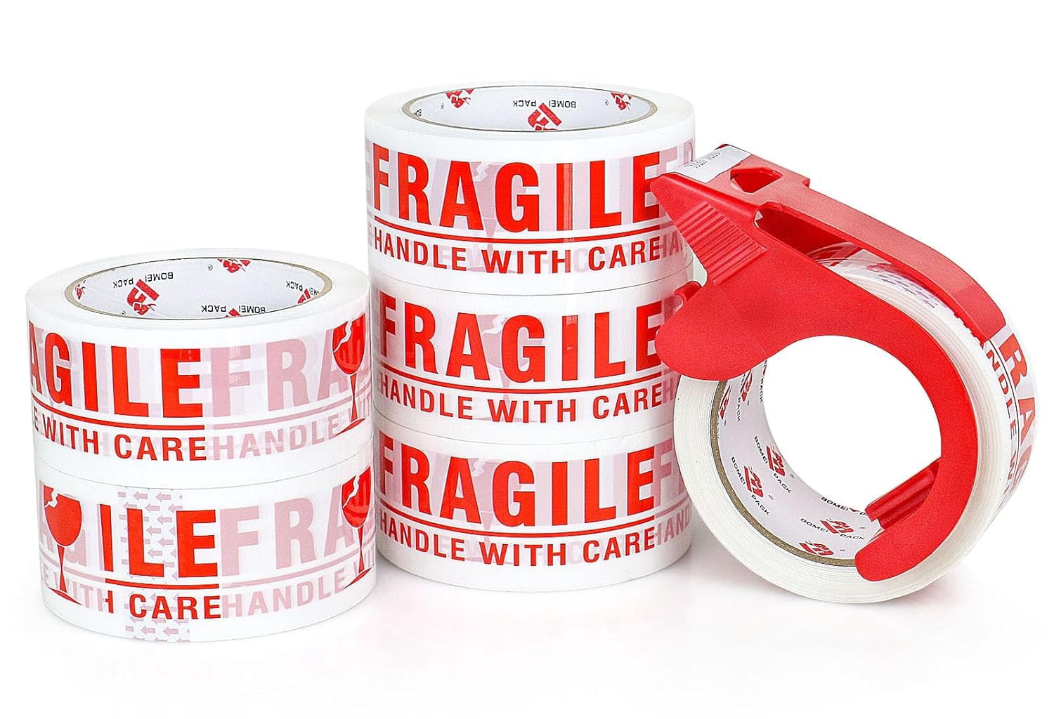 6 rolls of breakable tape, 2 inches 180 feet (60 yards) - handle with care marking tape, breakable packing tape with dispenser, used for transporting and moving boxes heavy duty breakable tape.
