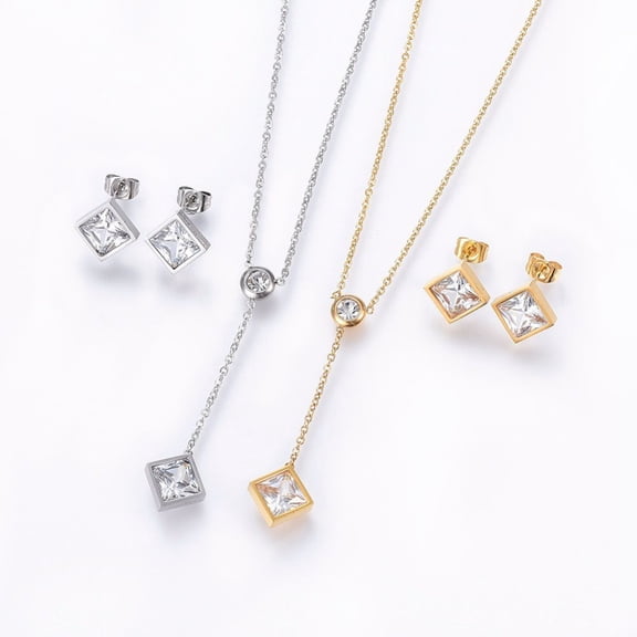 6 set 304 Stainless Steel Jewelry sets Stud Earrings and Pendant Necklaces with Rhinestone and Cubic Zirconia Rhombus Mixed color 18.11 inch(46cm) 12x12x4mm pin: 0.8mm 304 Stainless Steel