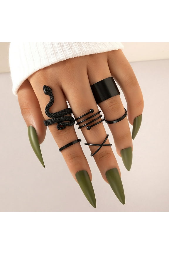 6 set Alloy Snake Gothic Stackable Finger Rings set for Women Electrophoresis Black Inner Diameter: 15~17mm 6pcs/set