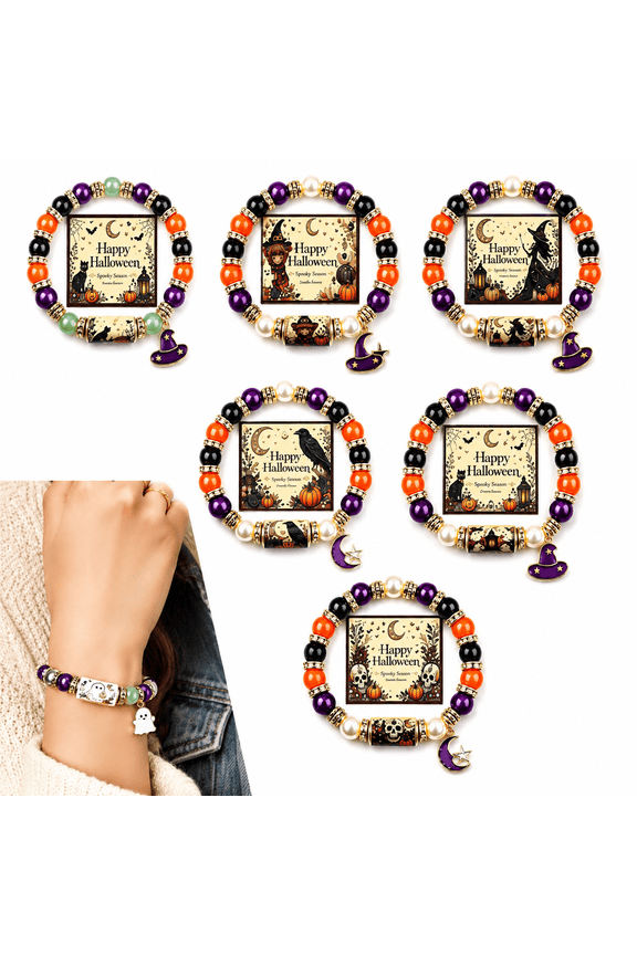 6 sets Halloween Bracelets, tretch Beaded Bracelet Gift Set - Ghost Pumpkin Cat Beaded Bracelet with Witch Hat Charm, Halloween Accessory for Party Costume Women Men Jewelry
