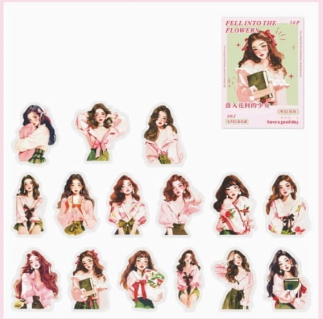 6 sets - Stickers falling among flowers, a girly series of fashionable girly journal decorations