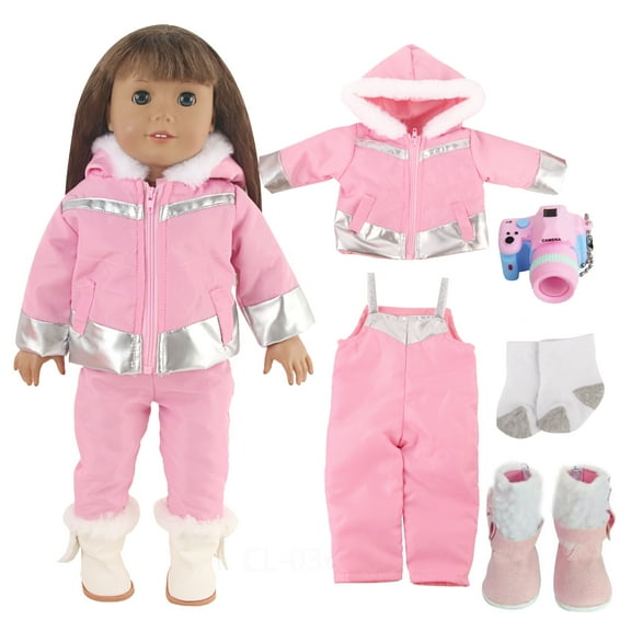 Doll winter set, including doll coat + doll pants + doll socks + doll shoes + doll camera, suitable for 18-inch dolls