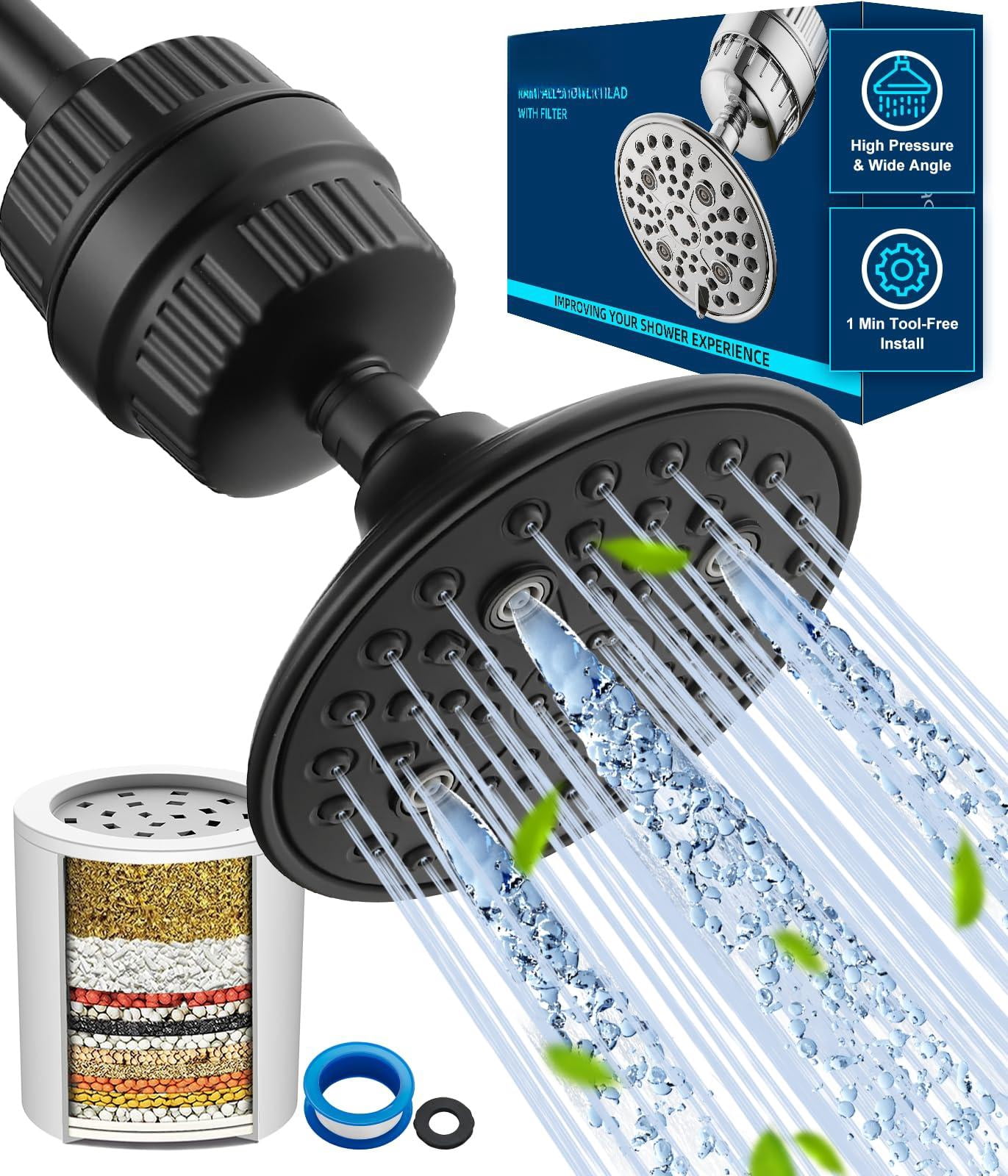 6-setting High Filtered Shower Head Combo  Detachable Rain With 20 Stage Filter For Hard Water - Remove Chlorine And Harmful Substances Black