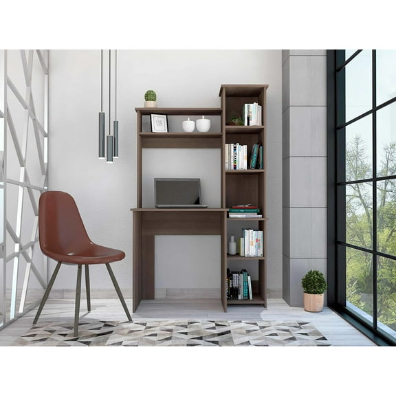 6-shelf Bookcase Writing Desk In Oak - Home Office Essential Particle Board Construction With Built-in Necessity Lightweight