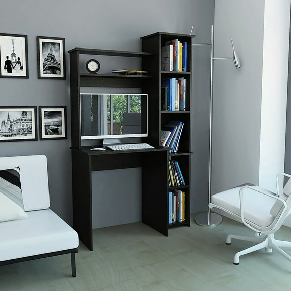 6-shelf Writing Desk With Built-in Bookcase In Black - Aesthetically Home Office Furniture Modern Finish Ideal For Study