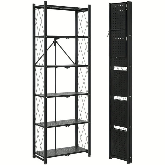 6-tier Black No Assembly Metal Folding Bookshelves Rack On Wheels For Office, Pantry, Kitchen, Living Room, Bedroom, Classroom, Standing Shelf