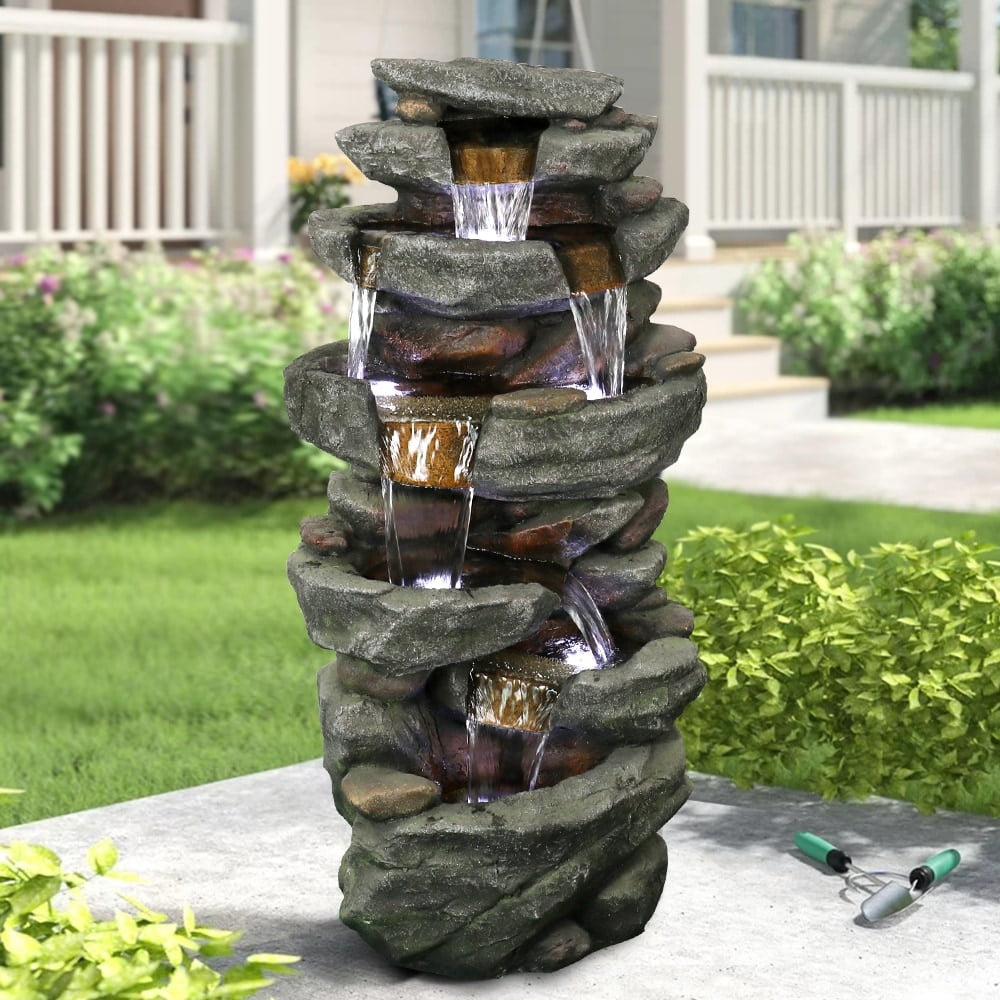 6-tier Outdoor Water Fountain w/LED Light Waterfall Fountain for Patio
