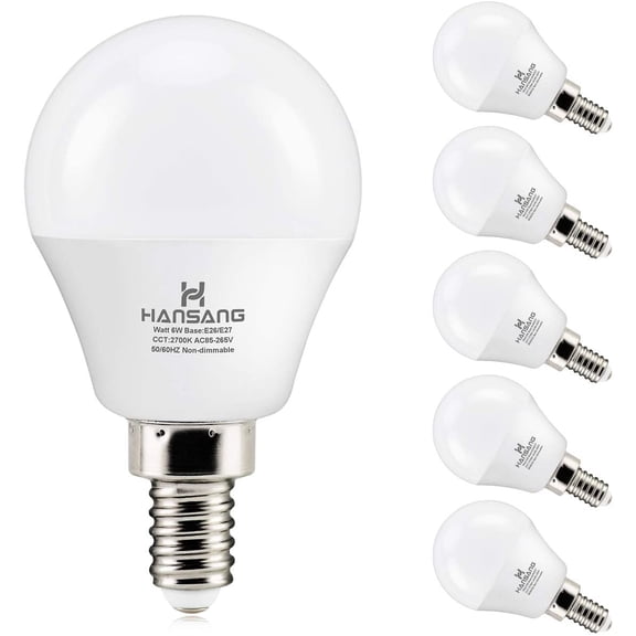 6 watt (60w Equivalent) LED Bulbs, E12 Small Base Candelabra Round Light Bulb, 600 Lumen, Warm White 2700K Ceiling Fan Light Bulbs, A15 LED Bulb Globe Shape, Non dimmable (6 Pack)