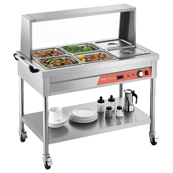 6 x 1/2 Pans Commercial Food Warmer Steam Table with Undershelf and Sneeze Guard, Stainless Steel Electric Buffet Equipment with Wheels, Temperature Control, Large Capacity for Cafeterias, Hotels