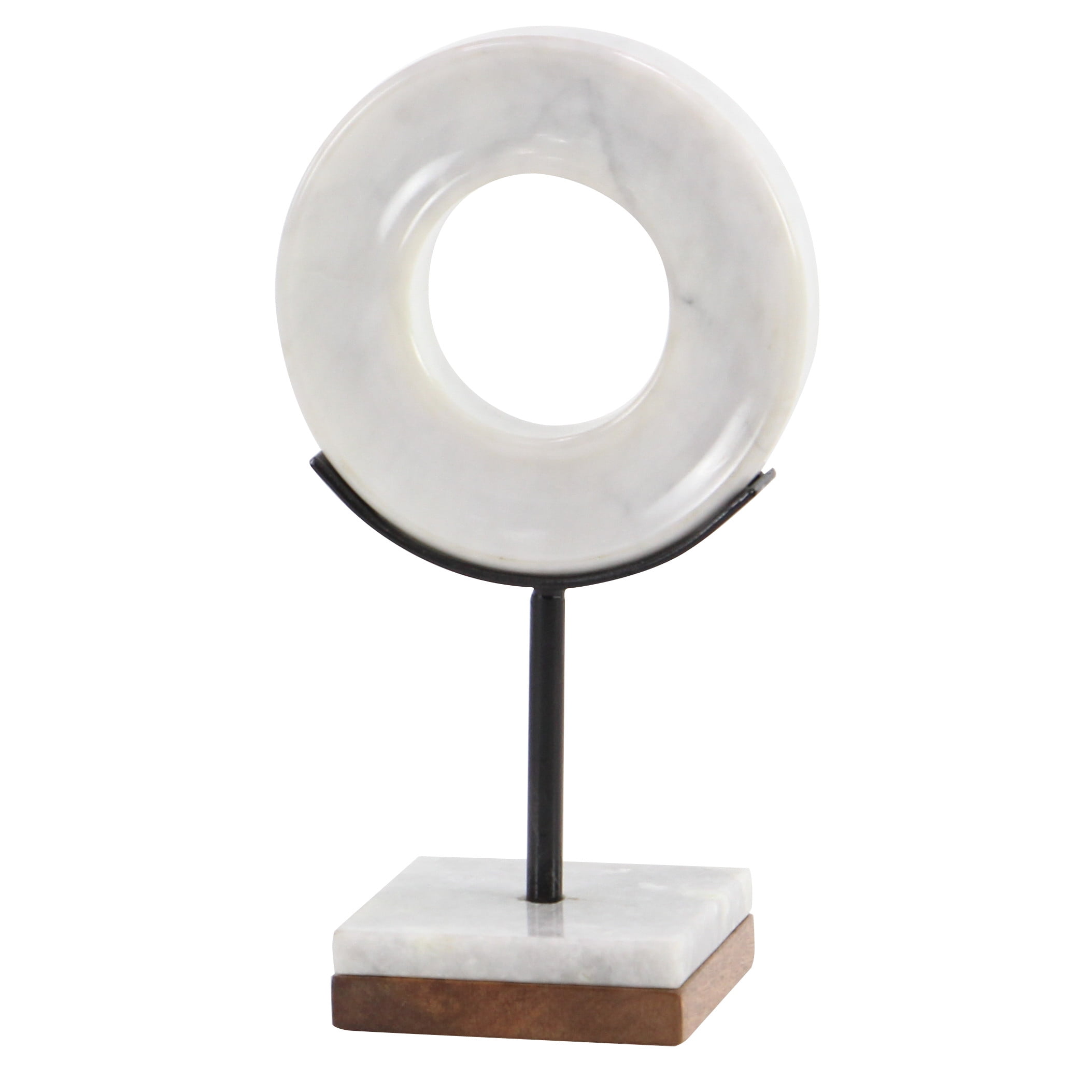 White Marble Ring Sculpture with Wood Base