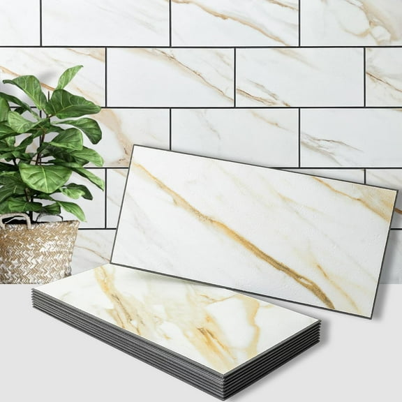 6" x 12" Calacatta Gold Peel and Stick Backsplash Wall Tiles, PVC Faux Stone Stick on Tiles for Backsplash Kitchen, Bathroom, Laundry Room, Camper, Fireplace (Pack of 20)