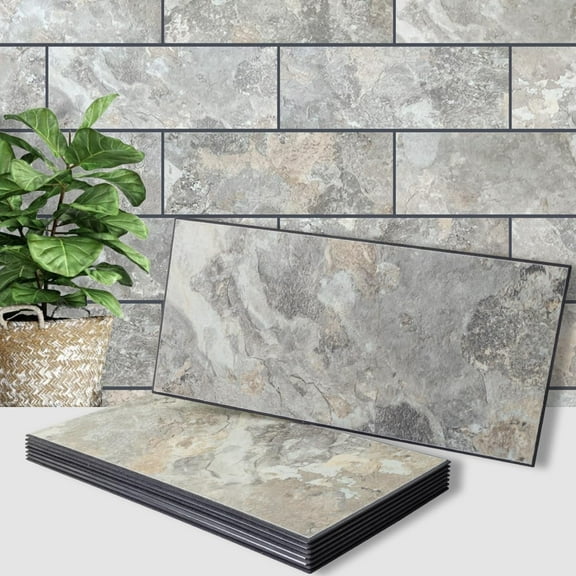 6" x 12" Grey & Brown Slate Peel and Stick Backsplash Wall Tiles, PVC Faux Stone Stick on Tiles for Backsplash Kitchen, Bathroom, Laundry Room, Camper, Fireplace (Pack of 20)