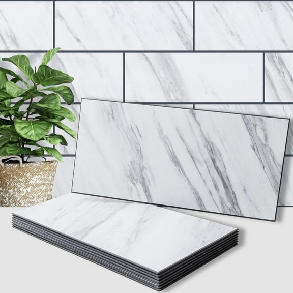 6" x 12" White Marble Peel and Stick Backsplash Wall Tiles, PVC Faux Stone Stick on Tiles for Backsplash Kitchen, Bathroom, Laundry Room, Camper, Fireplace (Pack of 20)