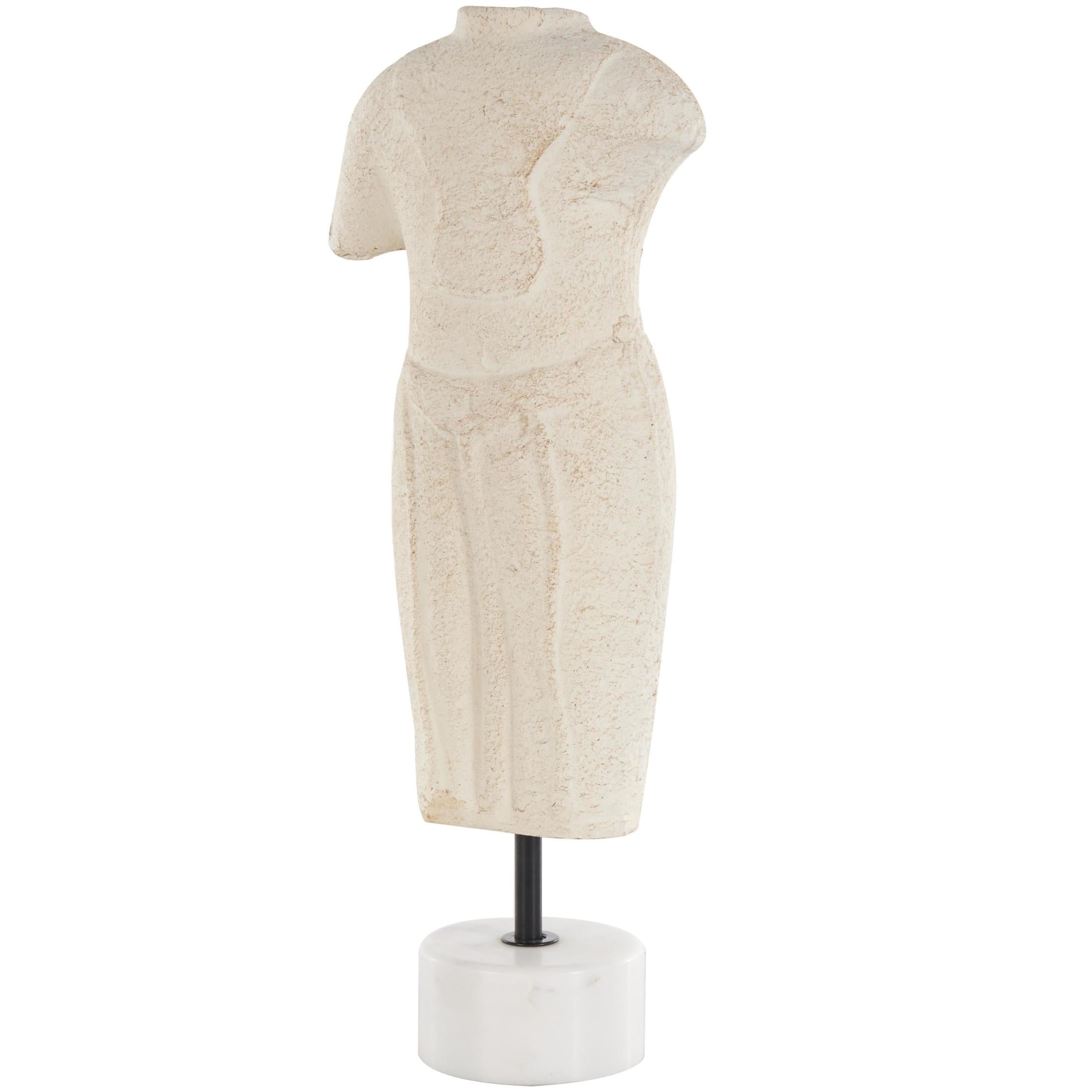 6" x 14" Cream Paper Mache Distressed Greek Inspired Figurine People Sculpture with White Marble Base, by DecMode