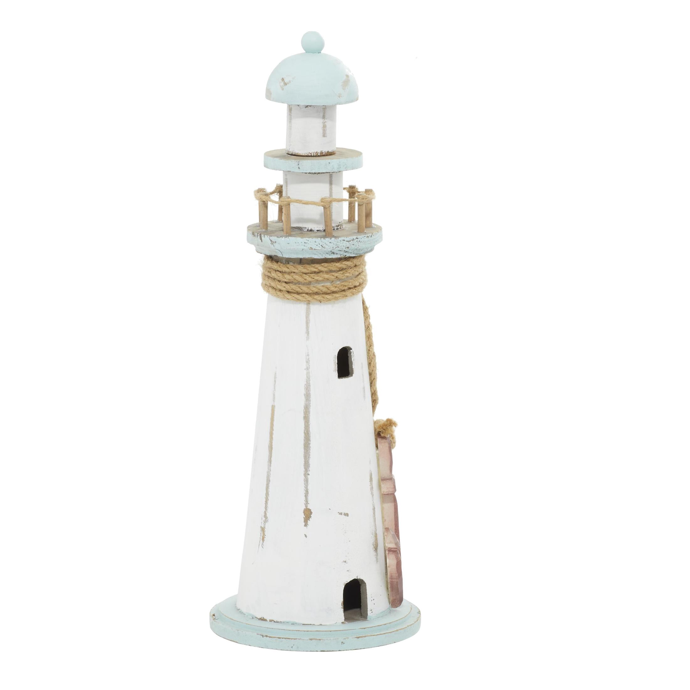 DecMode 6" x 15" White Wood Light House Sculpture
