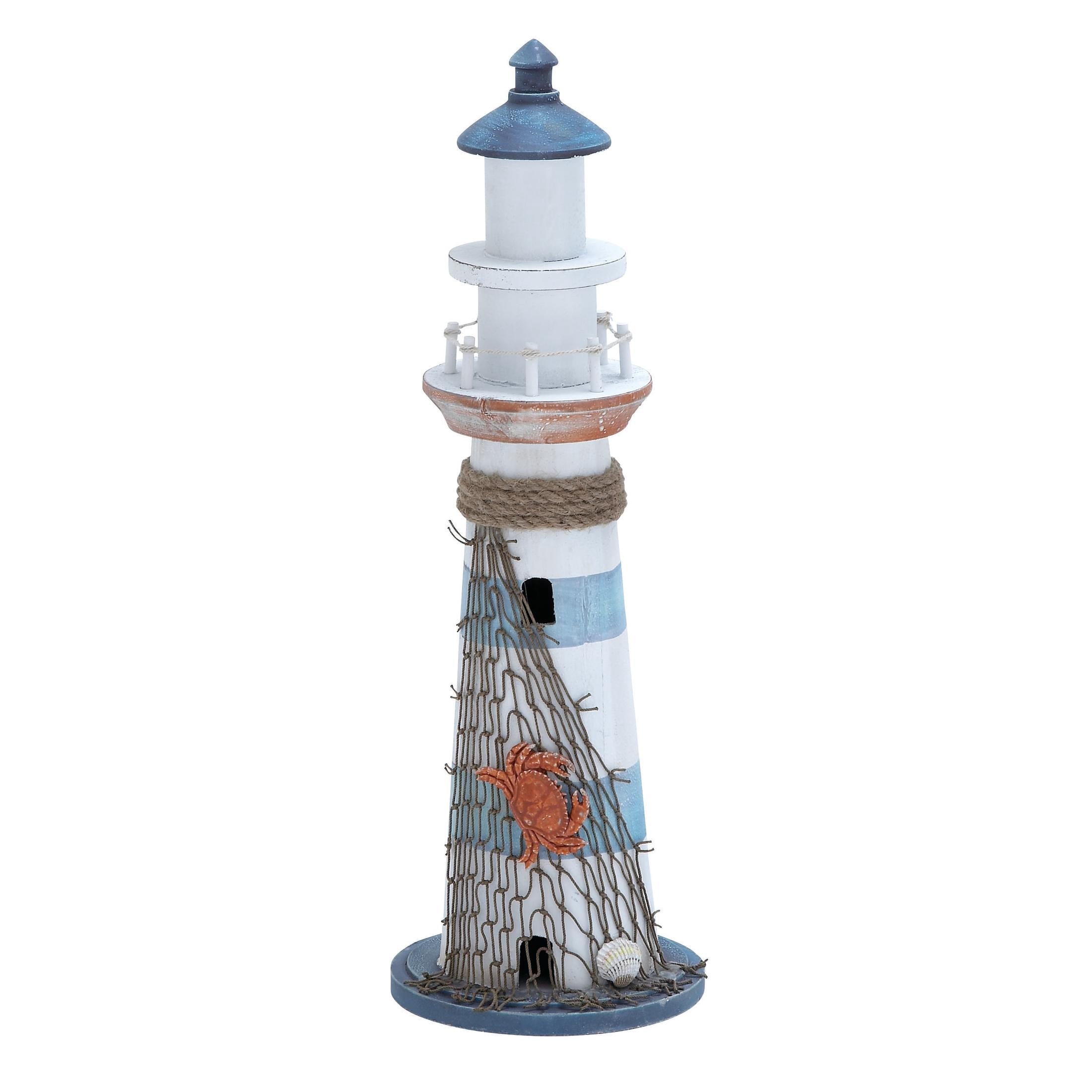 6" x 16" Blue Wood Light House Sculpture with Netting, by DecMode