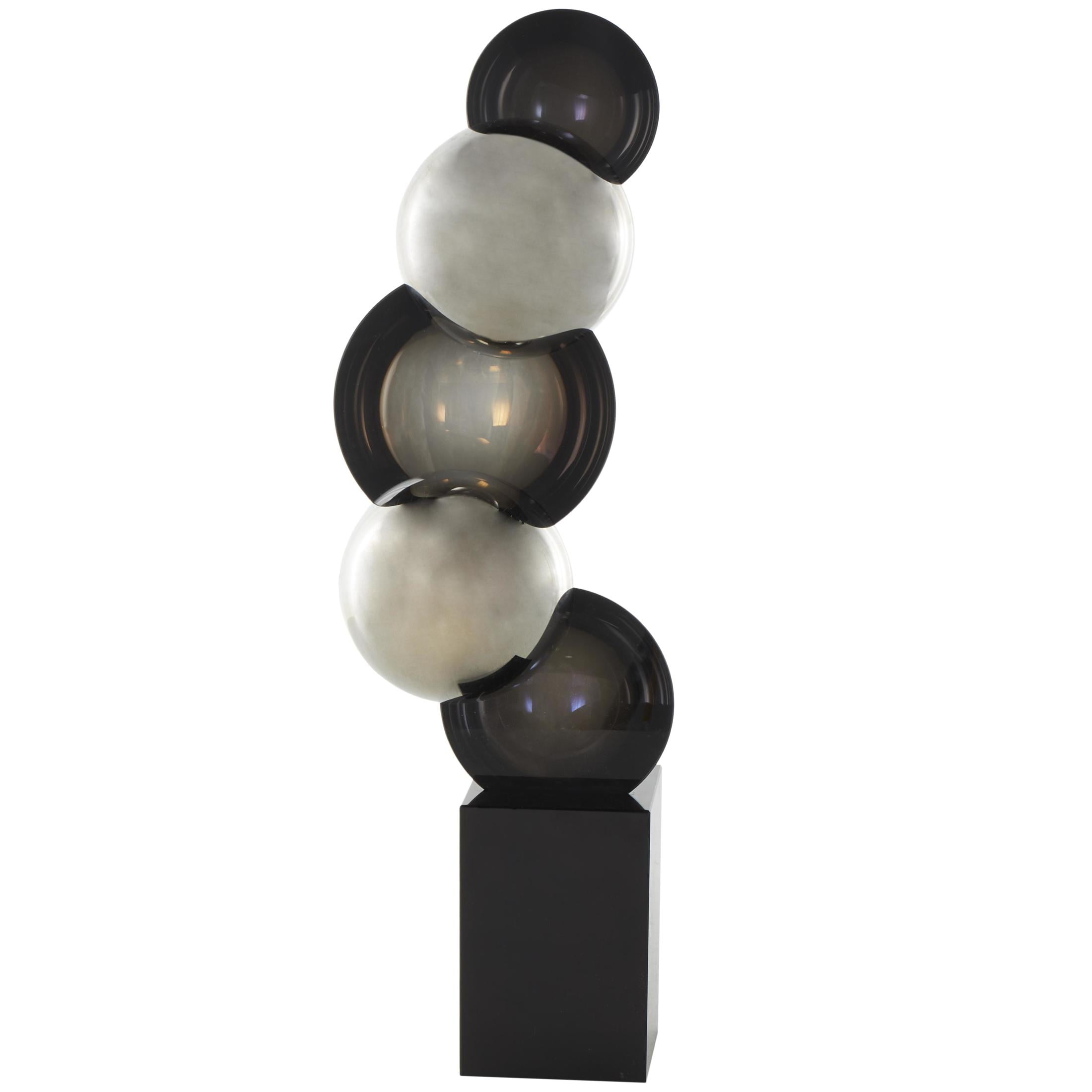 6" x 18" Black Glass Stacked Orb Abstract Sculpture with Black Base, by DecMode