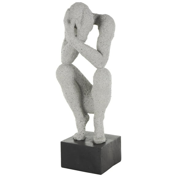 6" x 19" Gray Polystone Crouching People Sculpture with Black Square Base, by DecMode