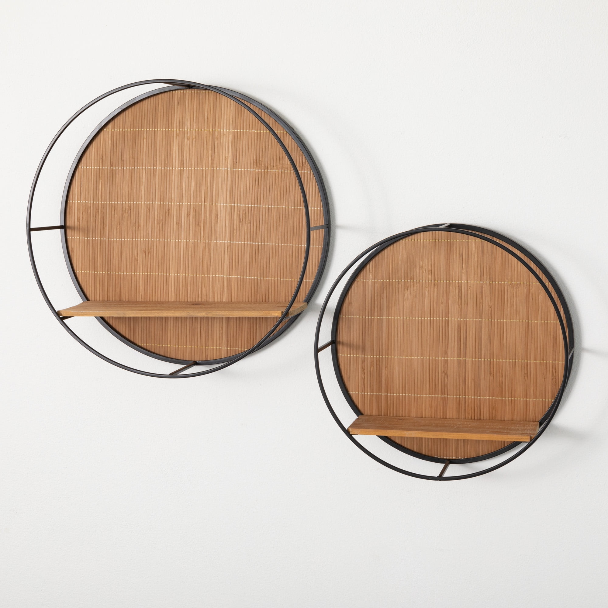 Black Metal and Wood Circular Wall Shelves - Set of 2